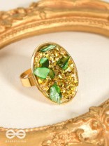 Sparkles & Stones  - Golden Embellished Ring (Green) (Adjustable)