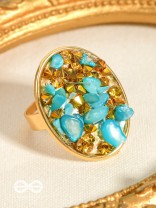 Sparkles & Stones  - Golden Embellished Ring (Blue) (Adjustable)