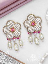 ABHRAPUSPA - THE CLOUDY FLOWER- STONES, BEADS AND PEARL DROPS HAND EMBROIDERED EARRINGS