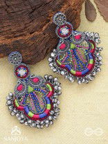 Abherī - The Melodic Dance - Resham And Beads Hand Embroidered Oxidised Earrings