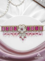 CHAANDIKUSUMA - THE ROYAL BLOSSOM- STONE, BEADS, GLASS AND PEARL DROPS HAND EMBROIDERED CHOKER NECKPIECE