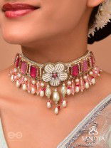 CHAANDIKUSUMA - THE ROYAL BLOSSOM- STONE, BEADS, GLASS AND PEARL DROPS HAND EMBROIDERED CHOKER NECKPIECE