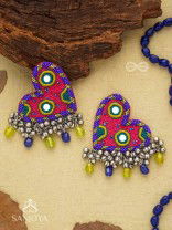 Hrdayanuga - Sound Of The Heart - Beads, Mirror And Glass Drops Hand Embroidered Oxidised Earrings