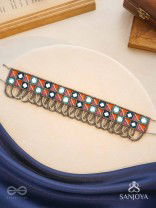 Dyupatha - The Sky Horizon - Mirror And Beads Hand Embroidered Oxidised Neckpiece