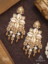 Sambuka- The Golden Snowflakes - Beads, Shells And Glass Drop Hand Embroidered Earrings
