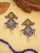 Dvikarani - The Sea Sky - Stone, Shells And Beads Enamelled Hand Embroidered Oxidised Earrings