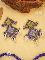 Dvikarani - The Sea Sky - Stone, Shells And Beads Enamelled Hand Embroidered Oxidised Earrings