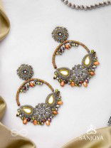 Haarin- The Divine Deer- Resham, Mirror And Glass Drops Hand Embroidered Oxidised Earrings