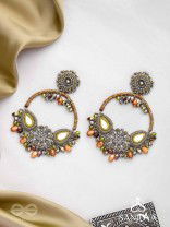 Haarin- The Divine Deer- Resham, Mirror And Glass Drops Hand Embroidered Oxidised Earrings