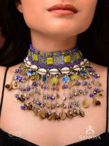 Bhumimaye - The Earthy Cadence - Shells, Beads And Coins Enamelled Hand Embroidered Oxidised Choker Neckpiece