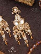 Sahasra - Golden Waves Whisper- Beads, Shells And Glass Drop Hand Embroidered Earrings