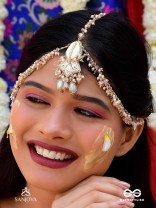 Daksayanina - Champagne Frost - Beads, Shells And Glass Drops Hand Embroidered Maangtika