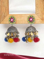 Asusama - Hues Of Happiness - Mirror And Coins Hand Embroidered Oxidised Jhumka Earrings