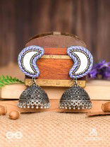 Shashikhand - The Crescent Reflectors - Mirror, Resham And Beads Hand Embroidered Oxidised Jhumka Earrings