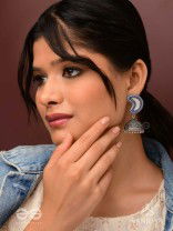 Shashikhand - The Crescent Reflectors - Mirror, Resham And Beads Hand Embroidered Oxidised Jhumka Earrings