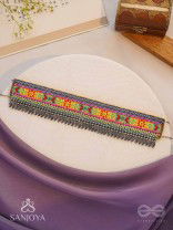 Aatpavat - The Sunlit Field - Resham And Beads Hand Embroidered Oxidised Lace Choker Neckpiece