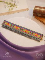 Aatpavat - The Sunlit Field - Resham And Beads Hand Embroidered Oxidised Lace Choker Neckpiece