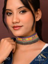 Aatpavat - The Sunlit Field - Resham And Beads Hand Embroidered Oxidised Lace Choker Neckpiece