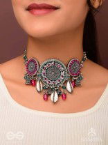 Akratu- The Wheels Of Liberty- Shells, Beads And Glass Drops Hand Embroidered Oxidised Choker Neckpiece