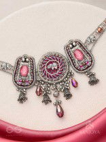 Jagatparayan - The Fuchsia Galaxy- Stones, Beads And Glass Drops Hand Embroidered Choker Neckpiece