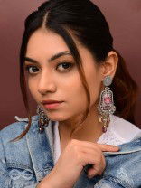 Parmeshthyam - The Fuchsia Royalty - Stone, Beads And Glass Drops Hand Embroidered Oxidised Earrings 