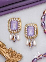 Dhumraruk - The Lavender Love- Stone, Beads, Glass And Pearl Drops Hand Embroidered Earrings