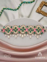 Nalikini - The Emerald Bloom - Stone, Beads And Pearl Drops Hand Embroidered Neckpiece