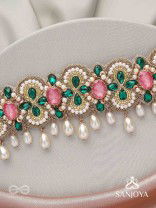 Nalikini - The Emerald Bloom - Stone, Beads And Pearl Drops Hand Embroidered Neckpiece