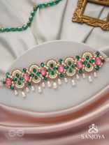 Nalikini - The Emerald Bloom - Stone, Beads And Pearl Drops Hand Embroidered Neckpiece