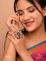 Ardramanjari - The Fresh Bloom - Stones And Beads Hand Embroidered Ring (Adjustable)