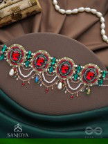 Upakarana - Royal Ruby Rainfall - Stone, Beads And Glass Drops Hand Embroidered  Choker Neckpiece