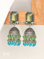The Aqua Enchantments - Statement Embellished And Enamelled Oxidised Jhumka Earrings