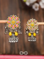 The Sunburst Bloom - Statement Enamelled Oxidised Jhumka Earrings