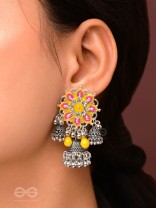 The Sunburst Bloom - Statement Enamelled Oxidised Jhumka Earrings