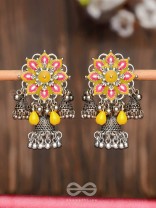 The Sunburst Bloom - Statement Enamelled Oxidised Jhumka Earrings