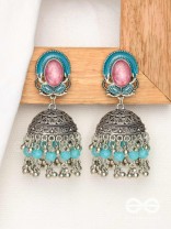The Blushing Clouds - Statement Embellished And Enamelled Oxidised Jhumka Earrings