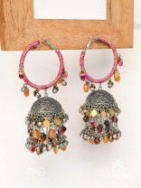 Stotavya - The Mira Chants- Beads, Resham And Glass Drops Oxidised Jhumka Earrings