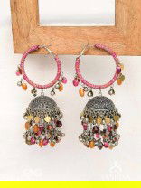 Stotavya - The Mira Chants- Beads, Resham And Glass Drops Oxidised Jhumka Earrings
