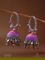 Dvibhat - The Twilight Tinkles - Resham, Coins And Beads Hand Embroidered Oxidised Jhumka Earrings