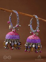 Dvibhat - The Twilight Tinkles - Resham, Coins And Beads Hand Embroidered Oxidised Jhumka Earrings