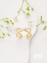 Crisscrossed Pearls - Golden Embellished Ring 