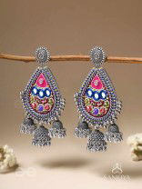 Kalatra- The Royal Citadel- Mirror, Resham And Beads Hand Embroidered Oxidised Earrings