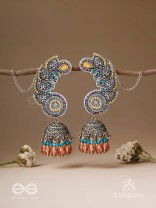 Kalaap- The Peacock's Tail- Beads And Glass Drops Hand Embroidered Oxidised Jhumka Earrings