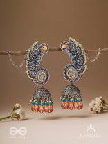 Kalaap- The Peacock's Tail- Beads And Glass Drops Hand Embroidered Oxidised Jhumka Earrings