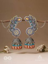 Kalaap- The Peacock's Tail- Beads And Glass Drops Hand Embroidered Oxidised Jhumka Earrings