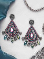 Abaddh - The Capricious Merries - Beads And Glass Drops Hand Embroidered Oxidised Earrings