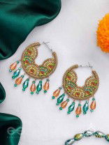 Kaldhvani - The Peacock Chirps - Stones, Beads And Glass Drops Hand Embroidered Hoop Earrings