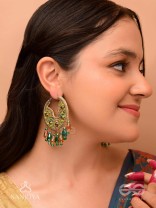 Kaldhvani - The Peacock Chirps - Stones, Beads And Glass Drops Hand Embroidered Hoop Earrings