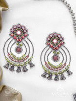 Yashasya - The Magenta Magnificence - Mirror, Resham And Beads Hand Embroidered Oxidised Earrings