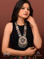 Sheetbhanviye - The Lunar Celebrations - Shells, Mirrors, Resham And Glass Drops Hand Embroidered Oxidised Neckpiece